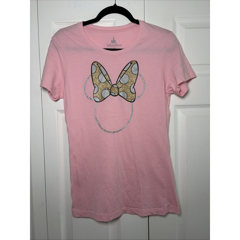 Disney Parks Minnie Mouse Graphic T Shirt Womens Size M Pink Glitter Bow Cotton